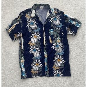 Mens Hawaiian Shirt Pineapple Button Down Size Medium Blue Yellow Short Sleeve
